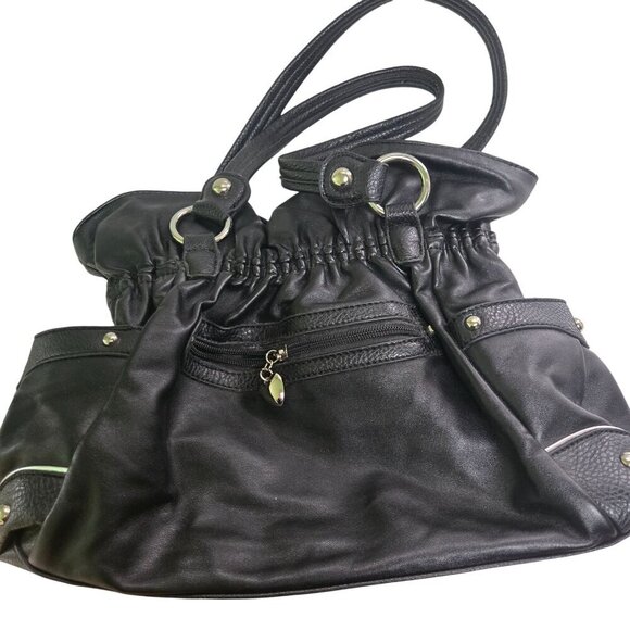 Wilson Leather Ellie V Cinched Black Leather Hobo Bag Silver Buckles 14"x10"x3" - Picture 3 of 8